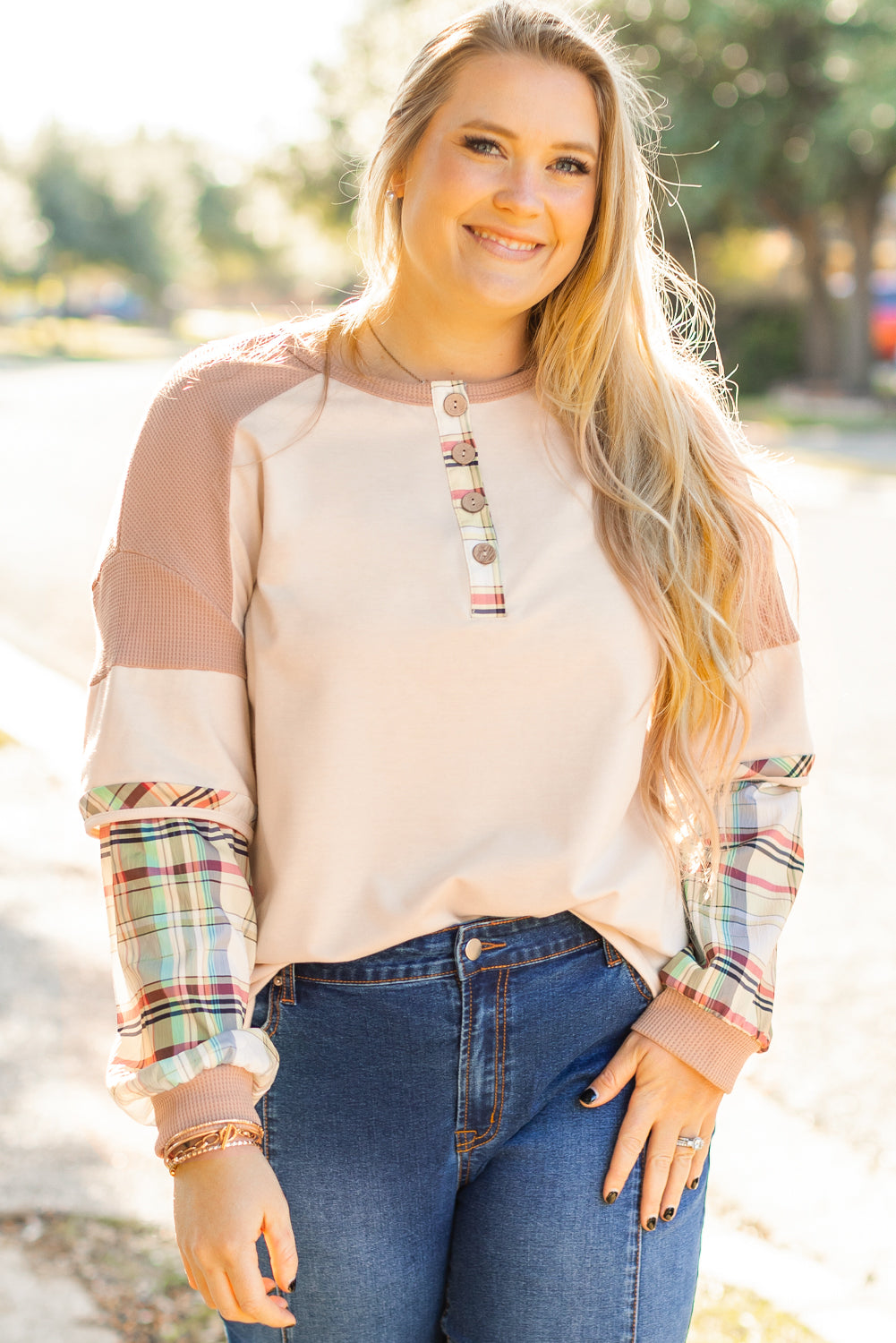 Charlotte – Plus Size Parchment Plaid Patchwork Layered Henley Top