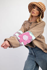 Amelia – Plus Size Light Beige Patchwork Puff Sleeve Loose Sweatshirt