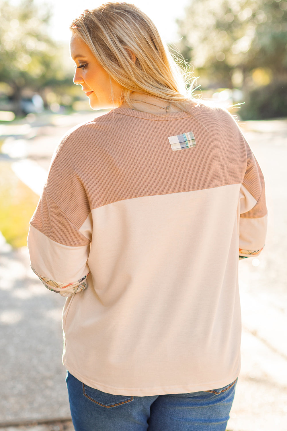 Charlotte – Plus Size Parchment Plaid Patchwork Layered Henley Top