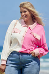 Eleanor – Plus Size Color Block Half Button Sweatshirt with Chest Pockets