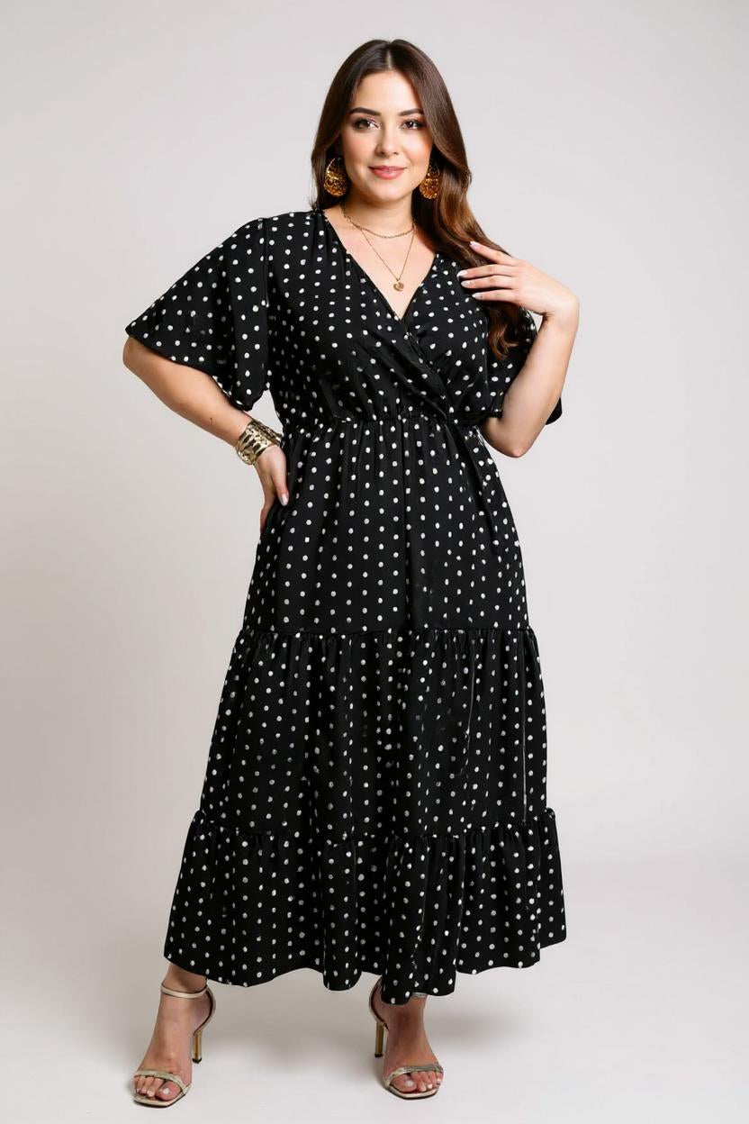 Beverly - Polka Dot V-Neck Butterfly Sleeve Maxi Dress