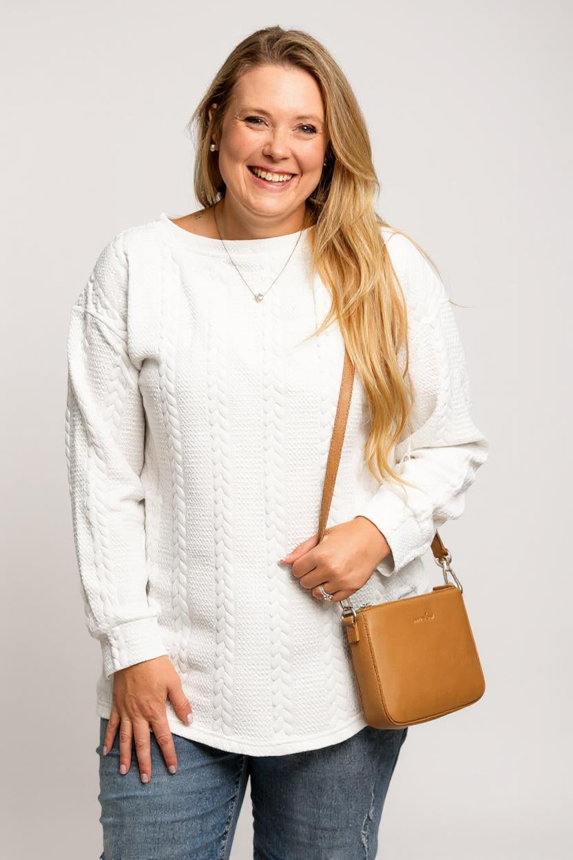 Avery – White Cable Textured Loose Sweatshirt