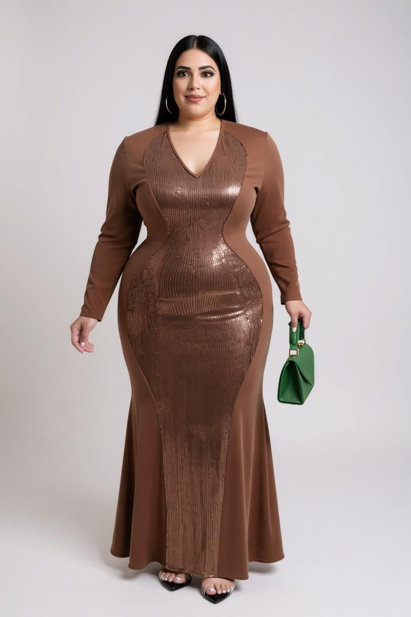 Carmen - Glitter V-Neck Long Sleeve Evening Party Dress
