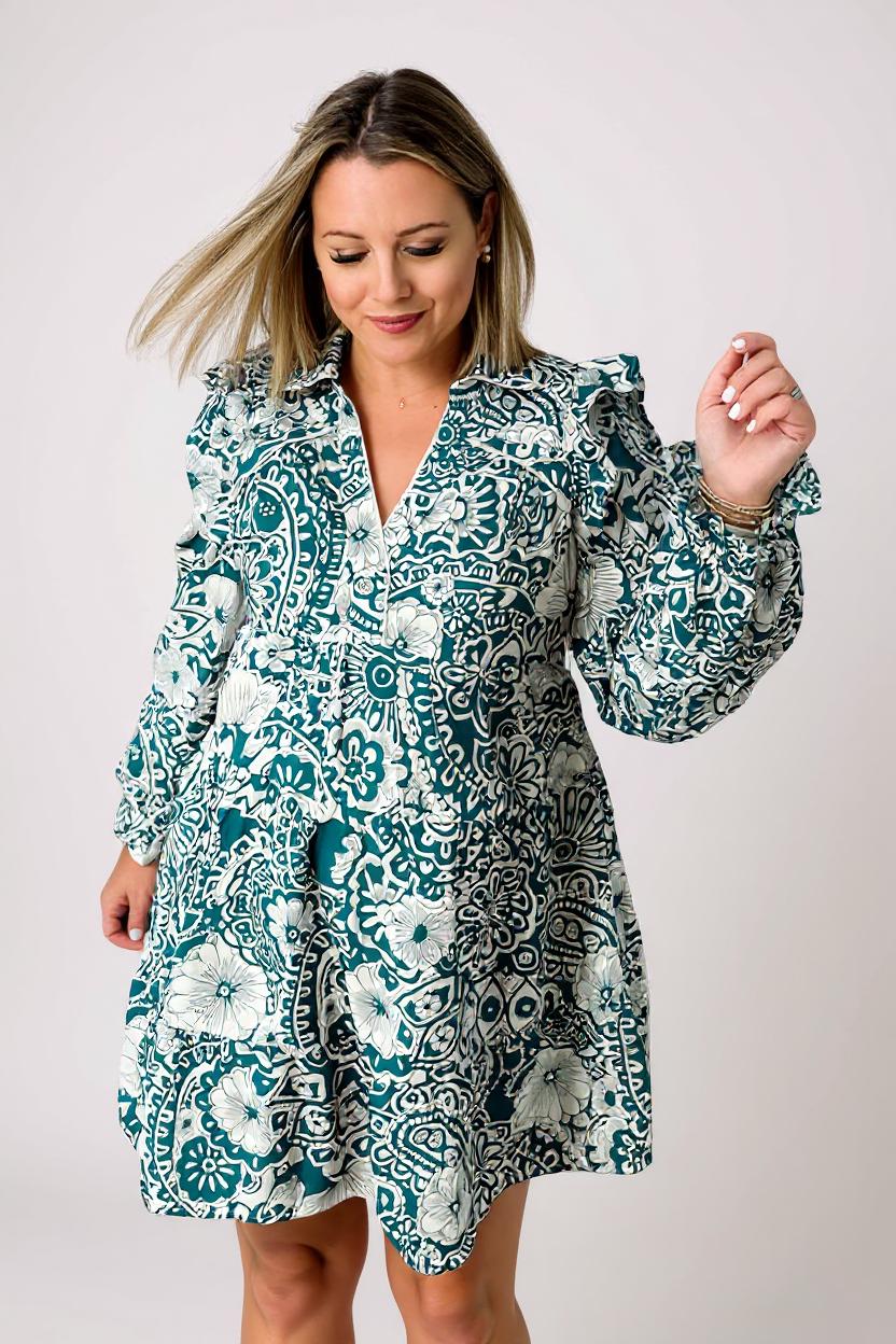Valerie – Green Floral Split Neck Dress with Flounce Sleeves