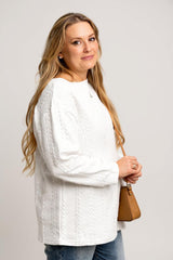 Avery – White Cable Textured Loose Sweatshirt