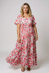Freya – Pink Plus Size Floral Ruffle Maxi Dress with Puff Sleeves
