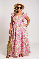 Arya – Pink Plus Size Floral Ruffle Maxi Dress for Spring & Summer