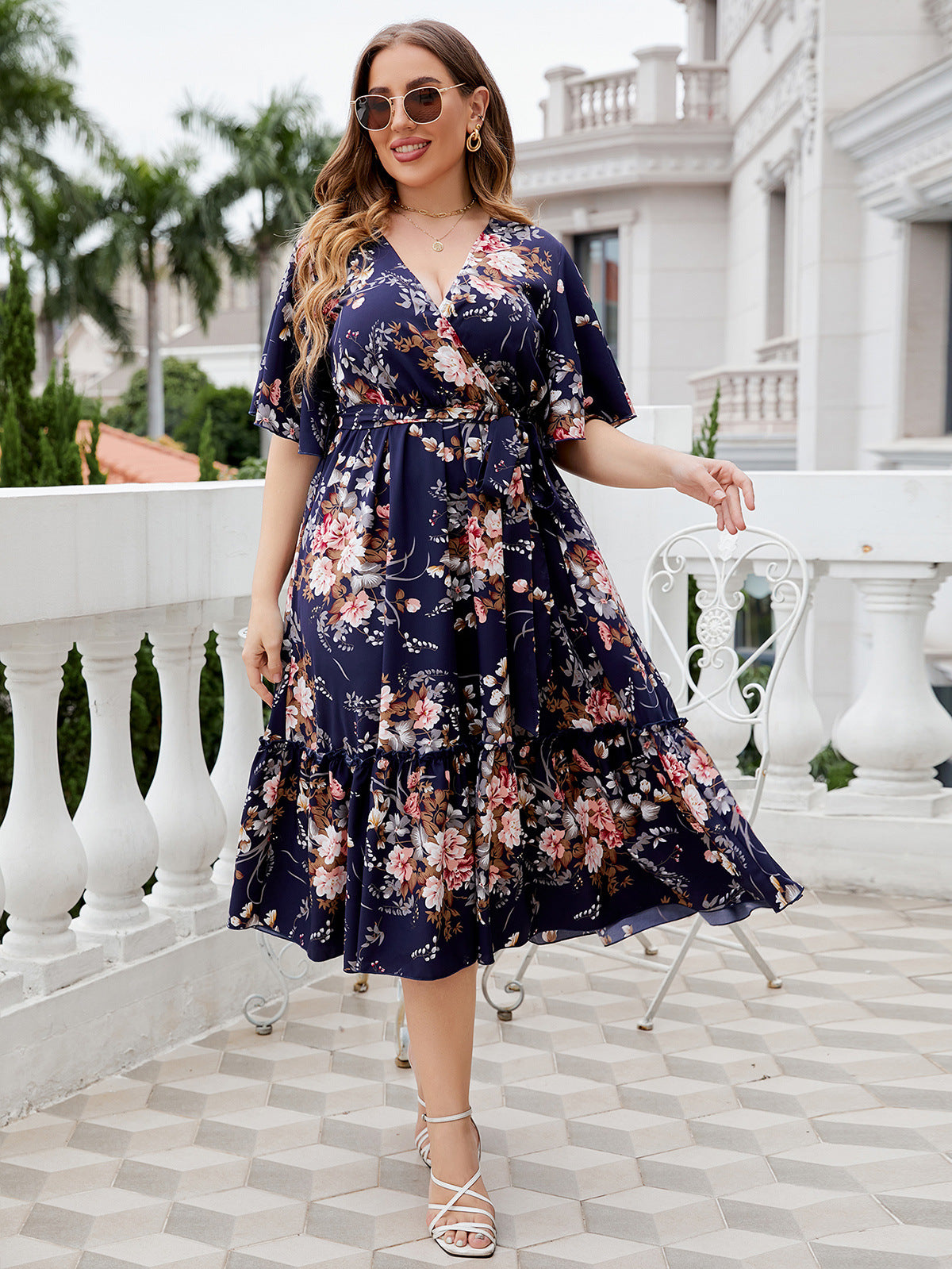 Laura - Plus Size V-Neck Ruffle Sleeve Dress